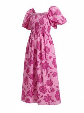 Pink Floral Smocked Midi Dress Puff Sleeve Square Neck NWT Sz S